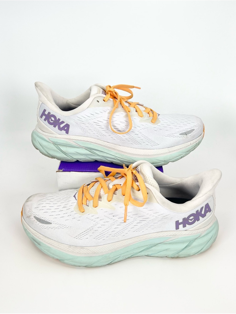 Hoka One One Clifton 8 Shoes White Blue Running Cushioned - WOMENS 9.5 WIDE